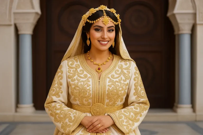 Elegant Moroccan bridal kaftan with intricate gold embroidery and traditional design