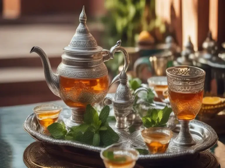 Moroccan Mint Tea : Moroccan Mint Tea being poured from a silver teapot into traditional glass cups with fresh mint and pastries.