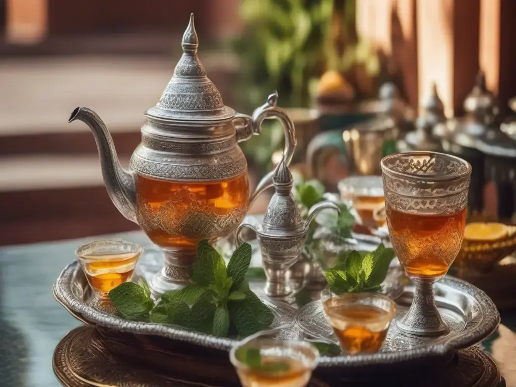 Moroccan Mint Tea : Moroccan Mint Tea being poured from a silver teapot into traditional glass cups with fresh mint and pastries.